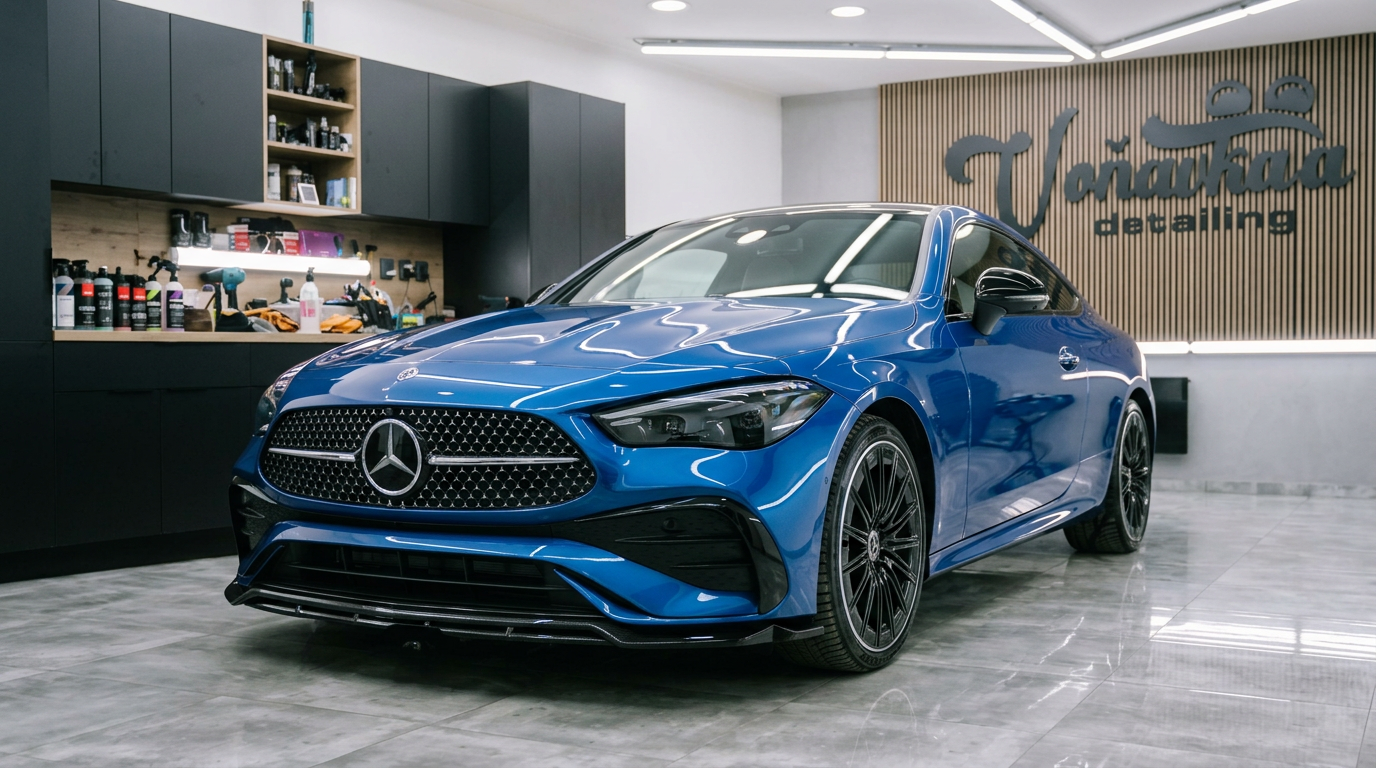 Černé auto v detailing studiu pod LED osvětlením